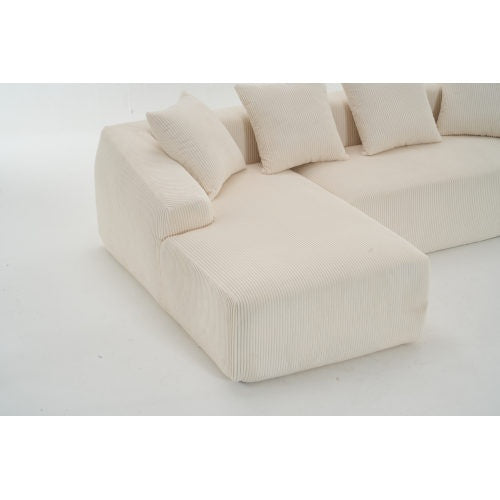 White Corduroy Compression Sofa 3-Seater with Chaise & Pillows - FAIFCO