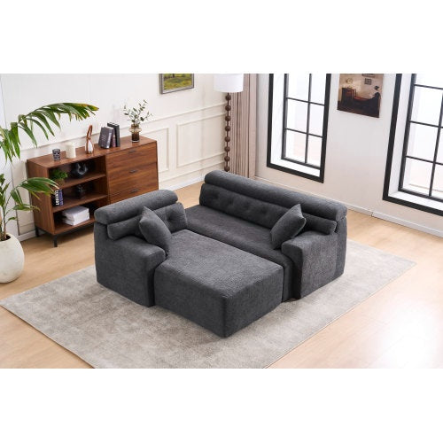 White Wood-Grain Chenille Sofa – Sectional with Chaise & Pillows - FAIFCO