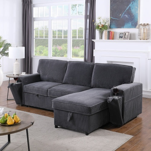 U STYLE Upholstery Sleeper GREY Sectional Sofa With Storage Space - FAIFCO