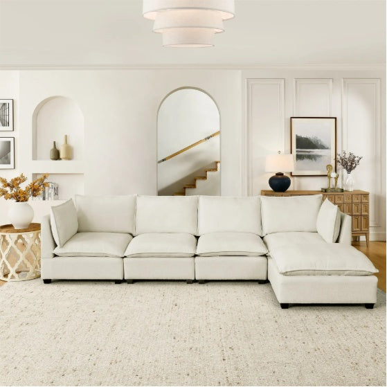 Beige Cloud Sectional Sofa – 4-Seater with Ottoman & Padded Armrests - FAIFCO