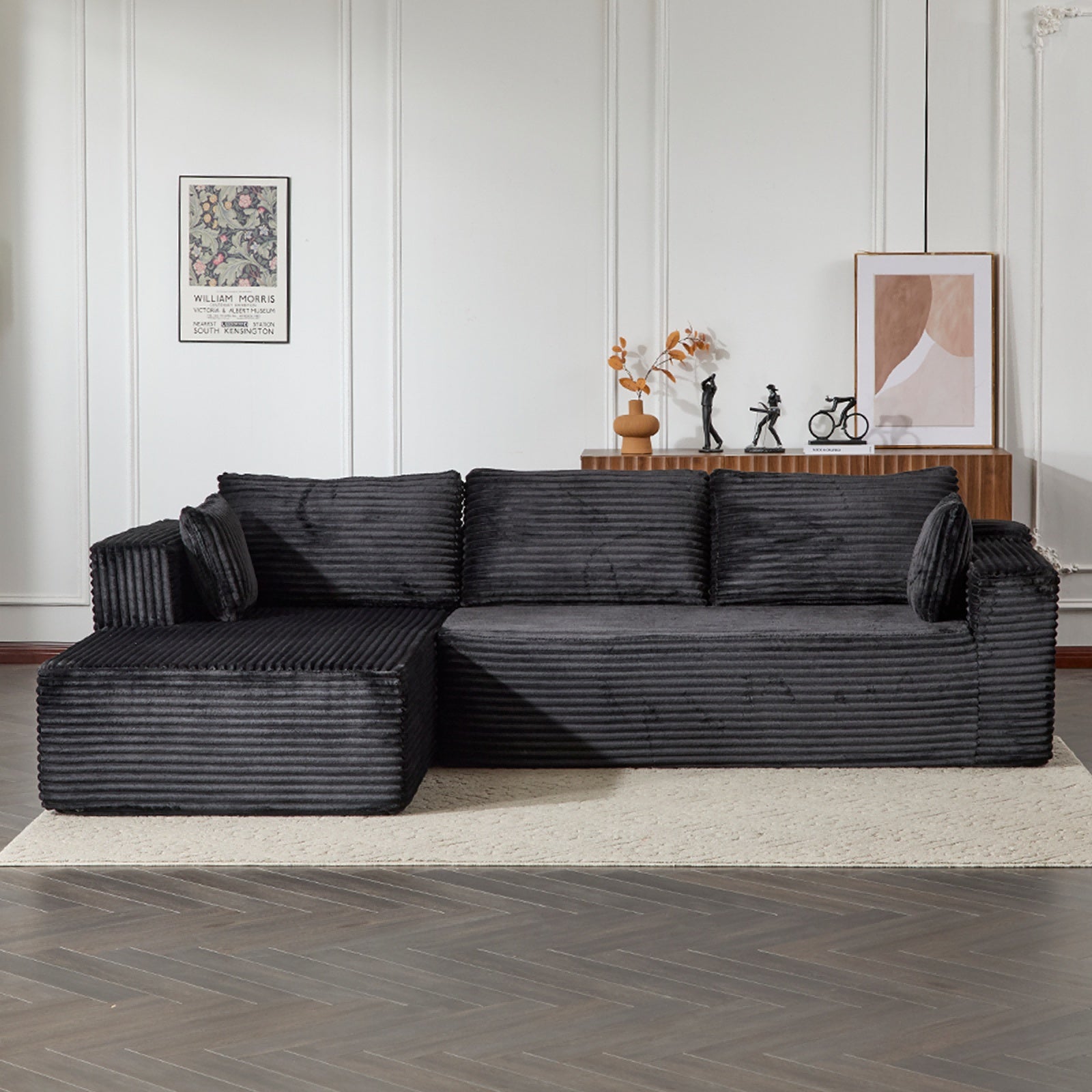 Black Corduroy Modular Sectional – Deep Seat L-Shaped Sleeper with Chaise - FAIFCO
