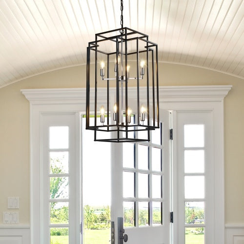 8-Lantern Tiered Ceiling Chandelier – Black & Gold