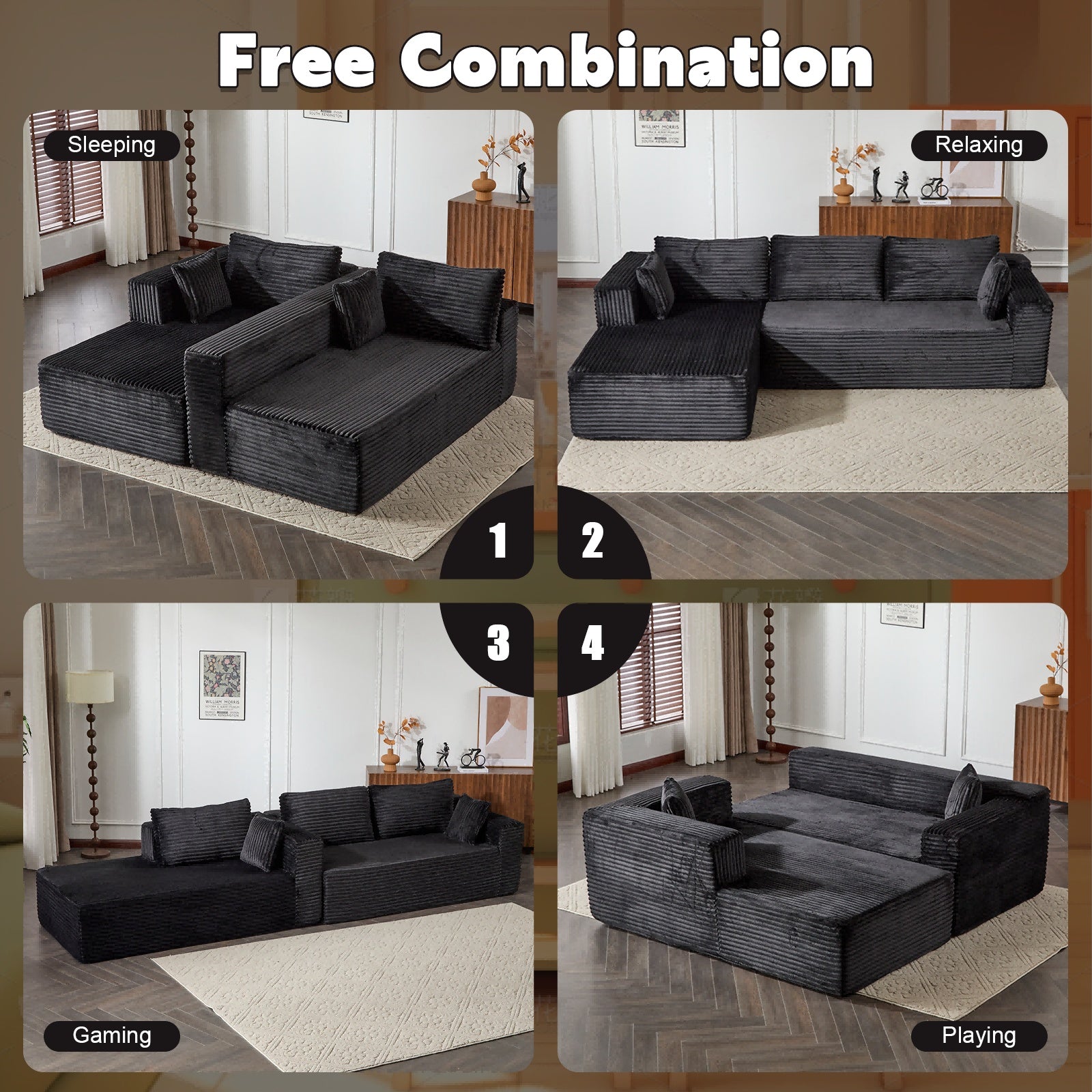 Black Corduroy Modular Sectional – Deep Seat L-Shaped Sleeper with Chaise - FAIFCO