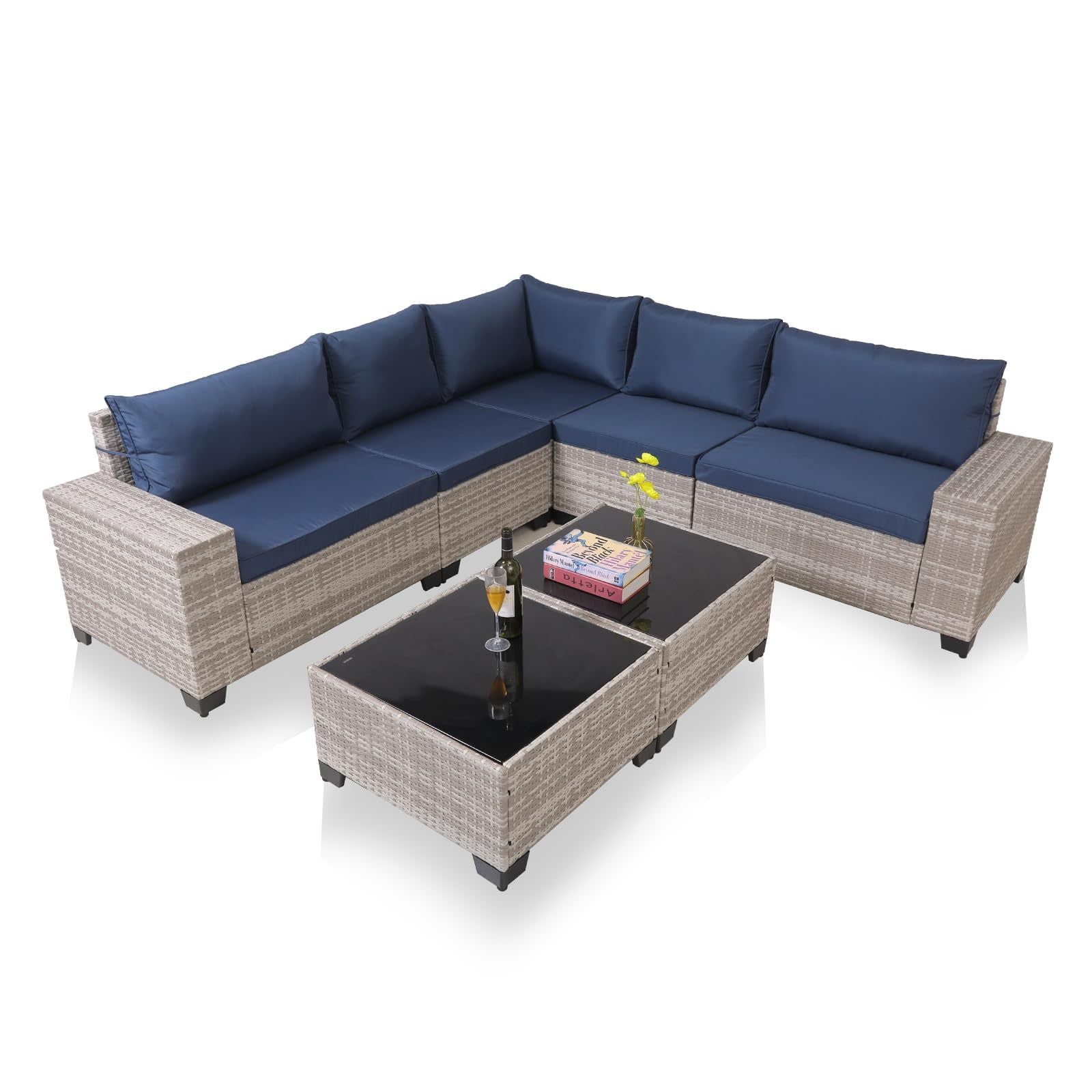 7-Piece Wicker Patio Sofa Set with 2 Glass Tables & Cushions - FAIFCO