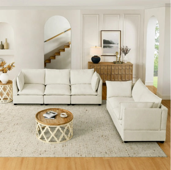 Plush Chenille Sofa Set – 3-Seater & Loveseat in Beige White - FAIFCO