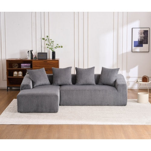 White Corduroy Compression Sofa 3-Seater with Chaise & Pillows - FAIFCO