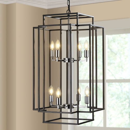 8-Lantern Tiered Ceiling Chandelier – Black & Gold