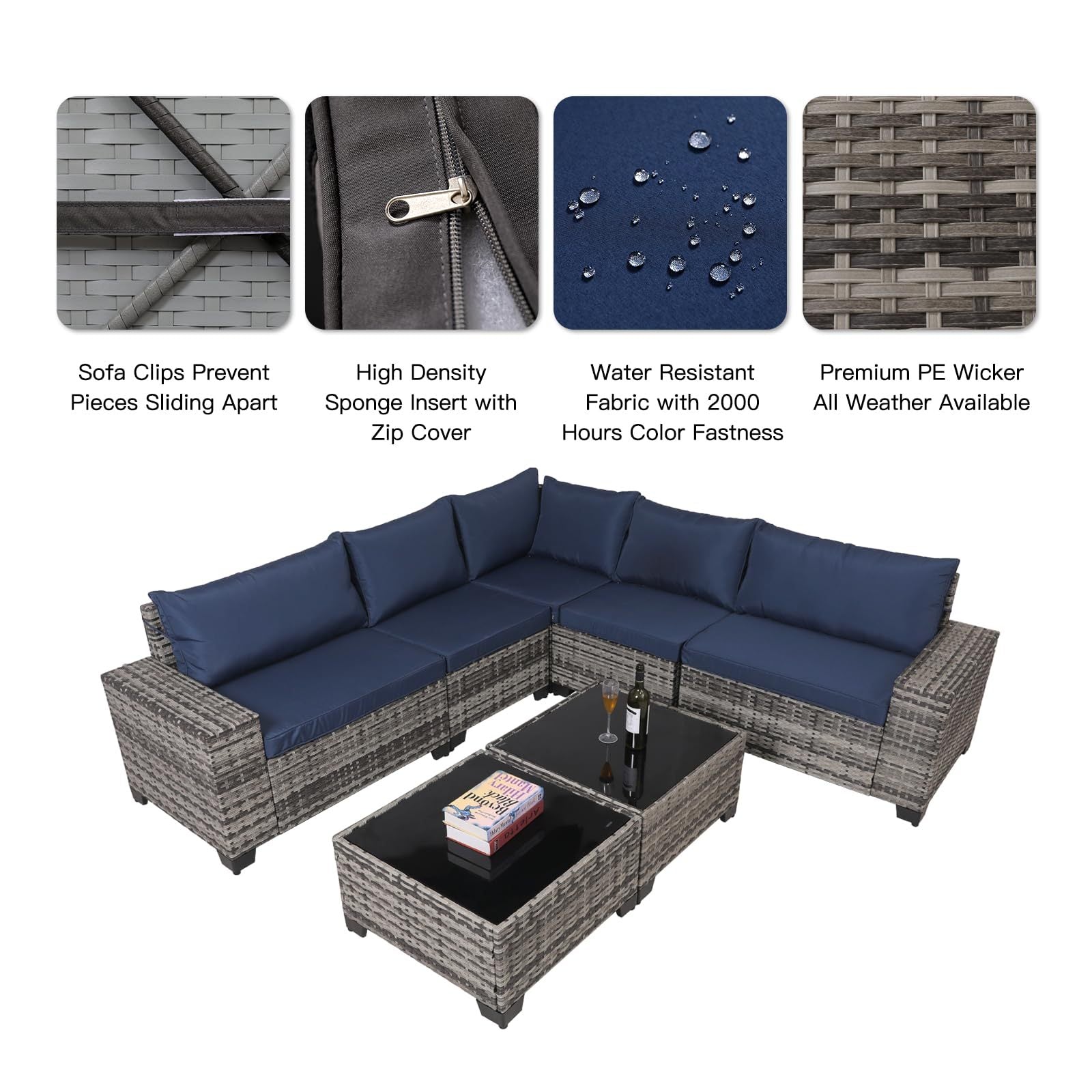 7-Piece Wicker Patio Sofa Set with 2 Glass Tables & Cushions - FAIFCO