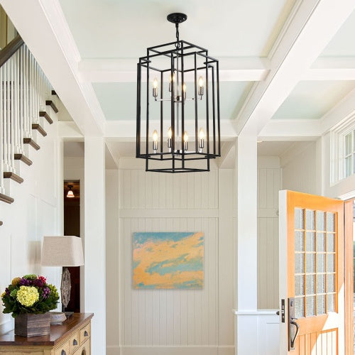 8-Lantern Tiered Ceiling Chandelier – Black & Gold