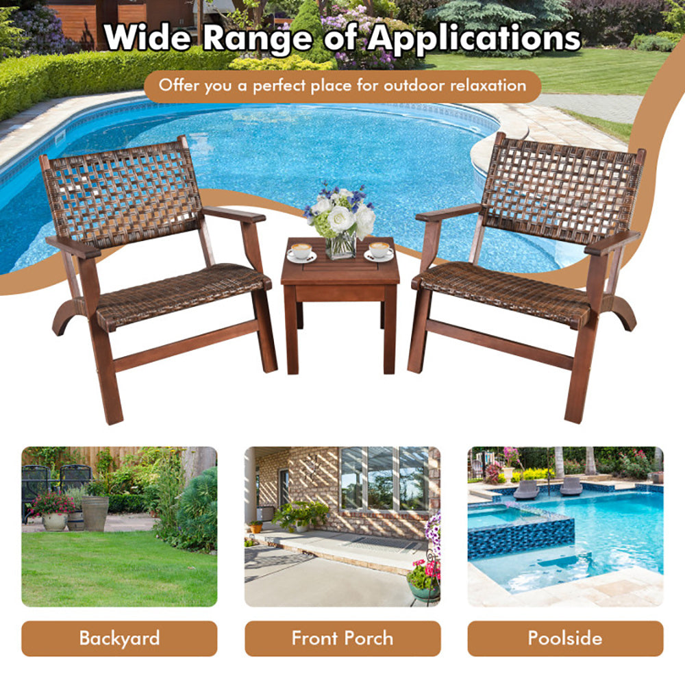 3 Pieces Outdoor Wooden Patio Rattan Furniture Set - FAIFCO
