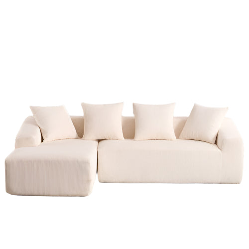 White Corduroy Compression Sofa 3-Seater with Chaise & Pillows - FAIFCO