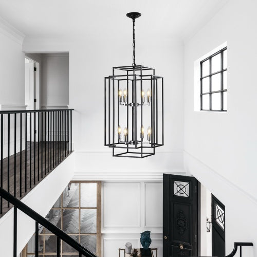 8-Lantern Tiered Ceiling Chandelier – Black & Gold