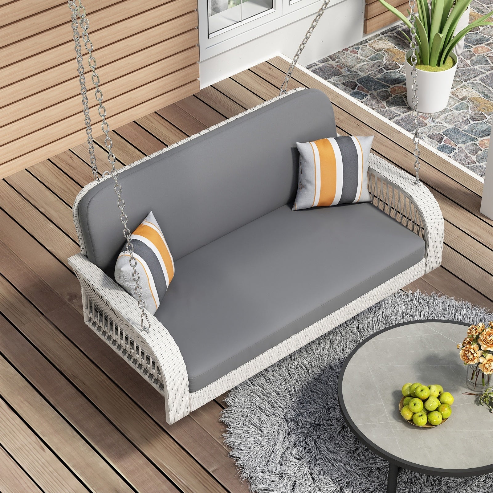 2-Seater Wicker Porch Swing with Hanging Chains - FAIFCO