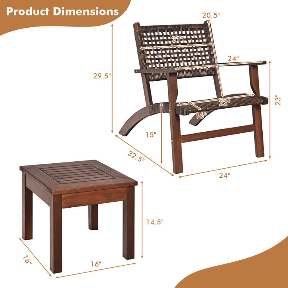 3 Pieces Outdoor Wooden Patio Rattan Furniture Set - FAIFCO
