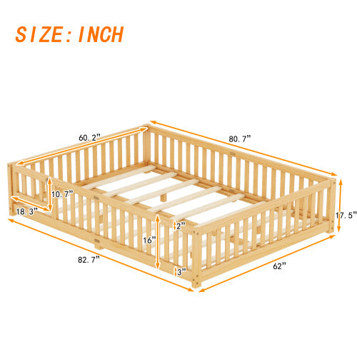 Queen Size Kids Floor Bed with Rails & Door Natural - FAIFCO