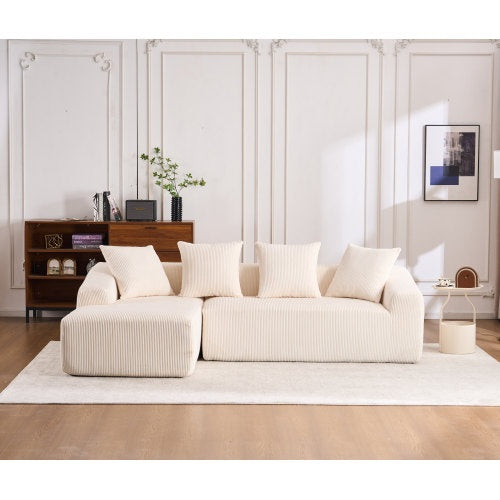 White Corduroy Compression Sofa 3-Seater with Chaise & Pillows - FAIFCO