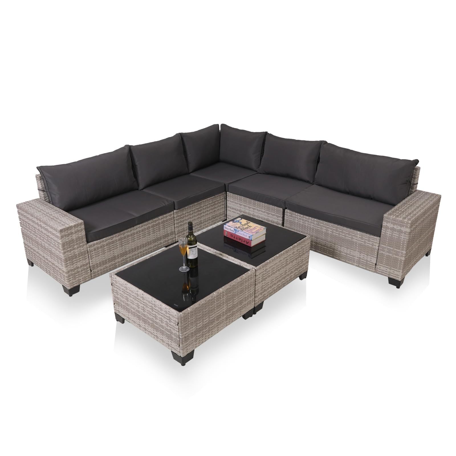 7-Piece Wicker Patio Sofa Set with 2 Glass Tables & Cushions - FAIFCO