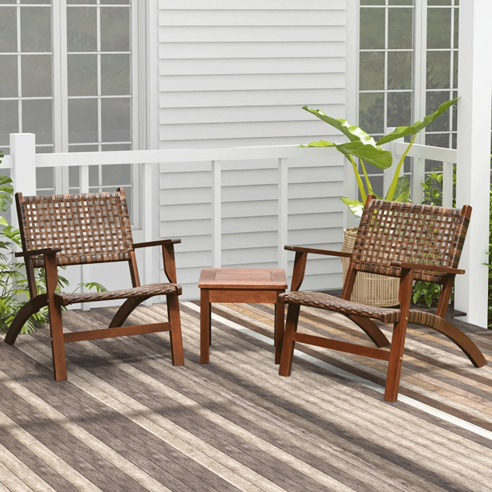 3 Pieces Outdoor Wooden Patio Rattan Furniture Set - FAIFCO