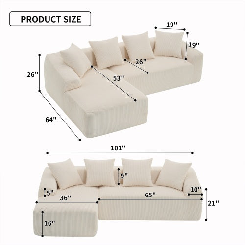 White Corduroy Compression Sofa 3-Seater with Chaise & Pillows - FAIFCO