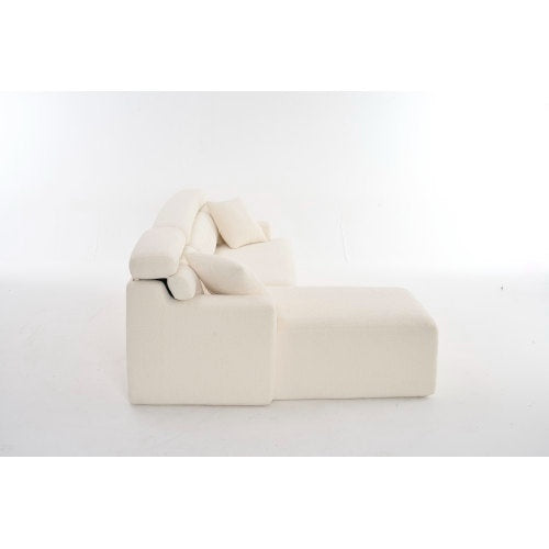 White Wood-Grain Chenille Sofa – Sectional with Chaise & Pillows - FAIFCO