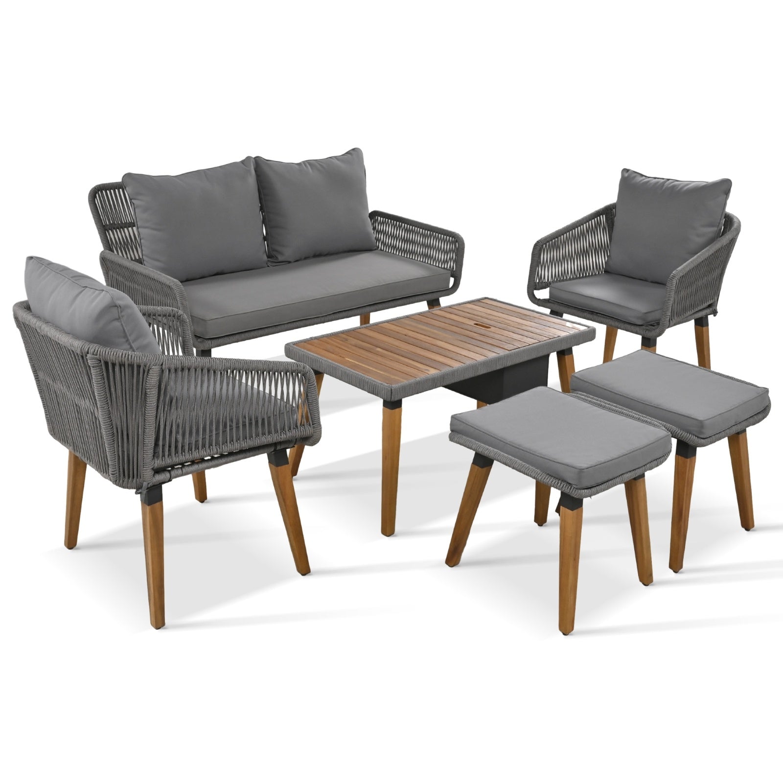 6-piece rope patio conversation set with acacia wood table – outdoor furniture USA free shipping