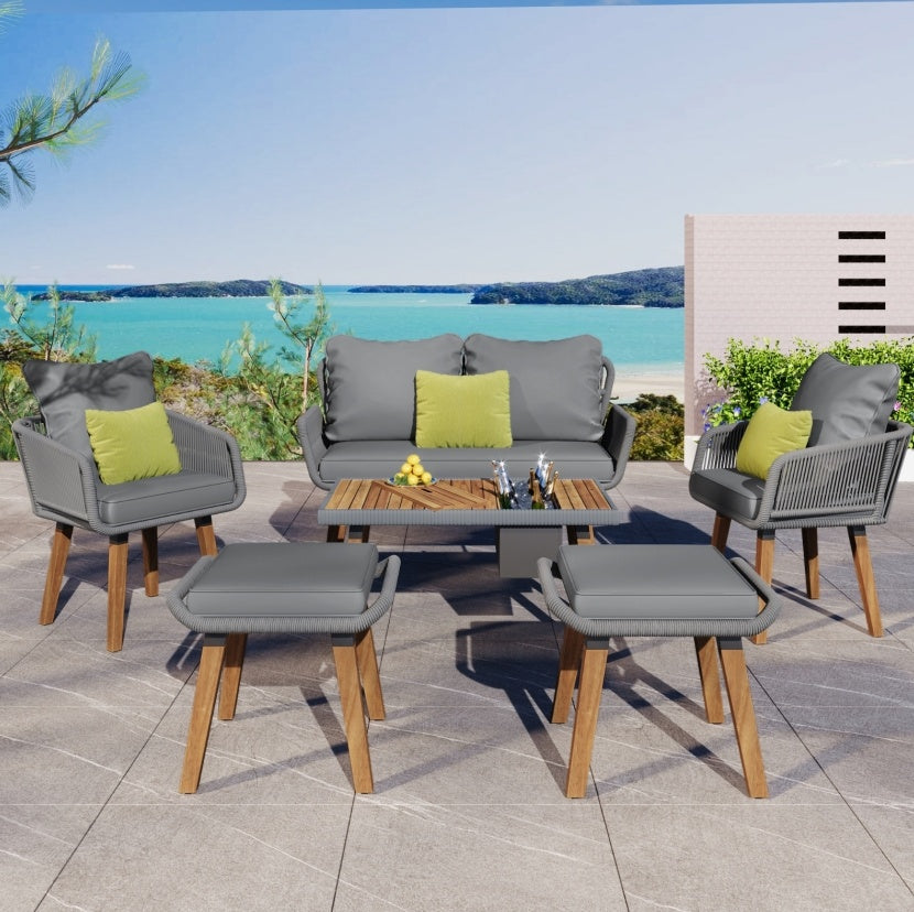 6-piece rope patio conversation set with acacia wood table – outdoor furniture USA free shipping