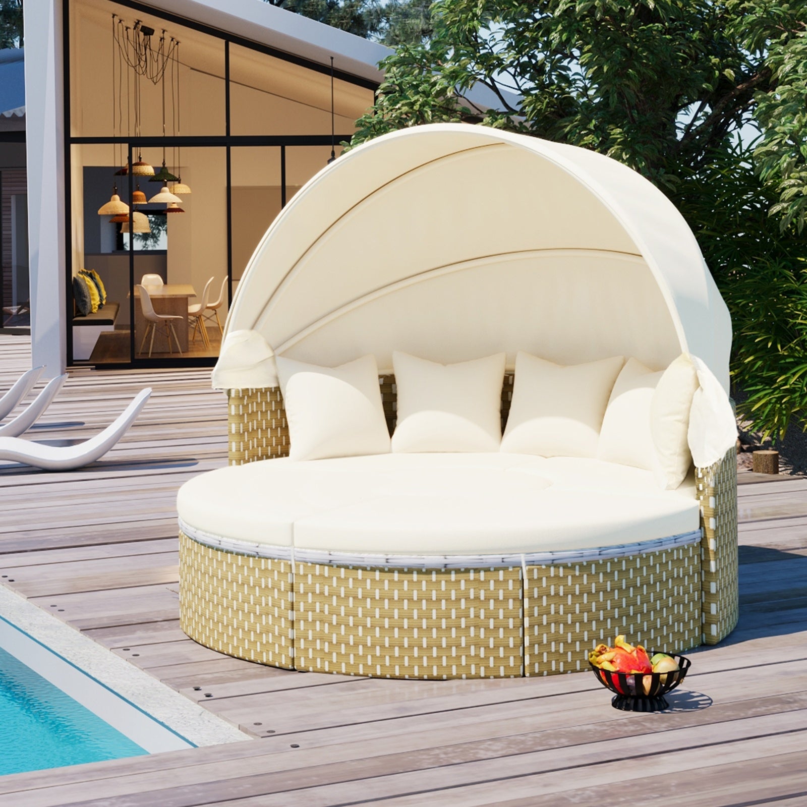 Round Rattan Outdoor Daybed Sofa Set with Retractable Canopy - FAIFCO