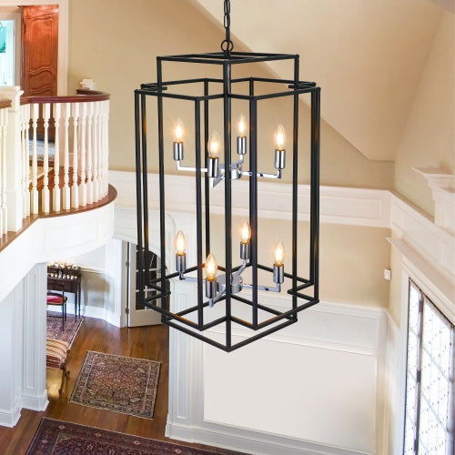 8-Lantern Tiered Ceiling Chandelier – Black & Gold