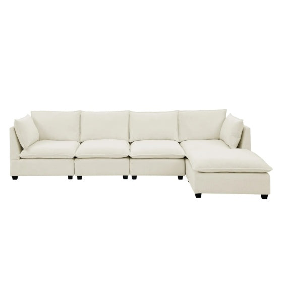 Beige Cloud Sectional Sofa – 4-Seater with Ottoman & Padded Armrests - FAIFCO
