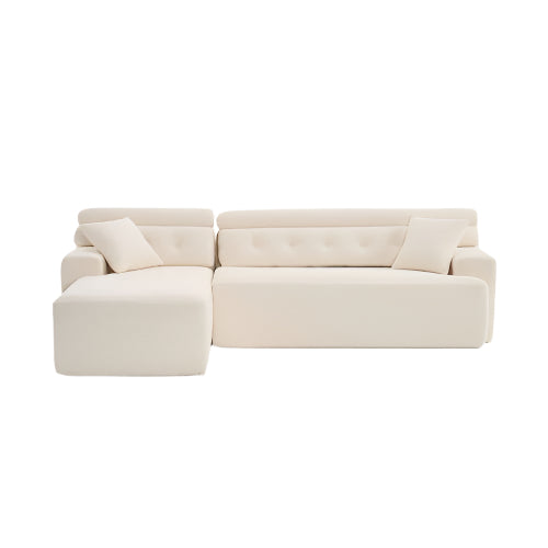 White Wood-Grain Chenille Sofa – Sectional with Chaise & Pillows - FAIFCO