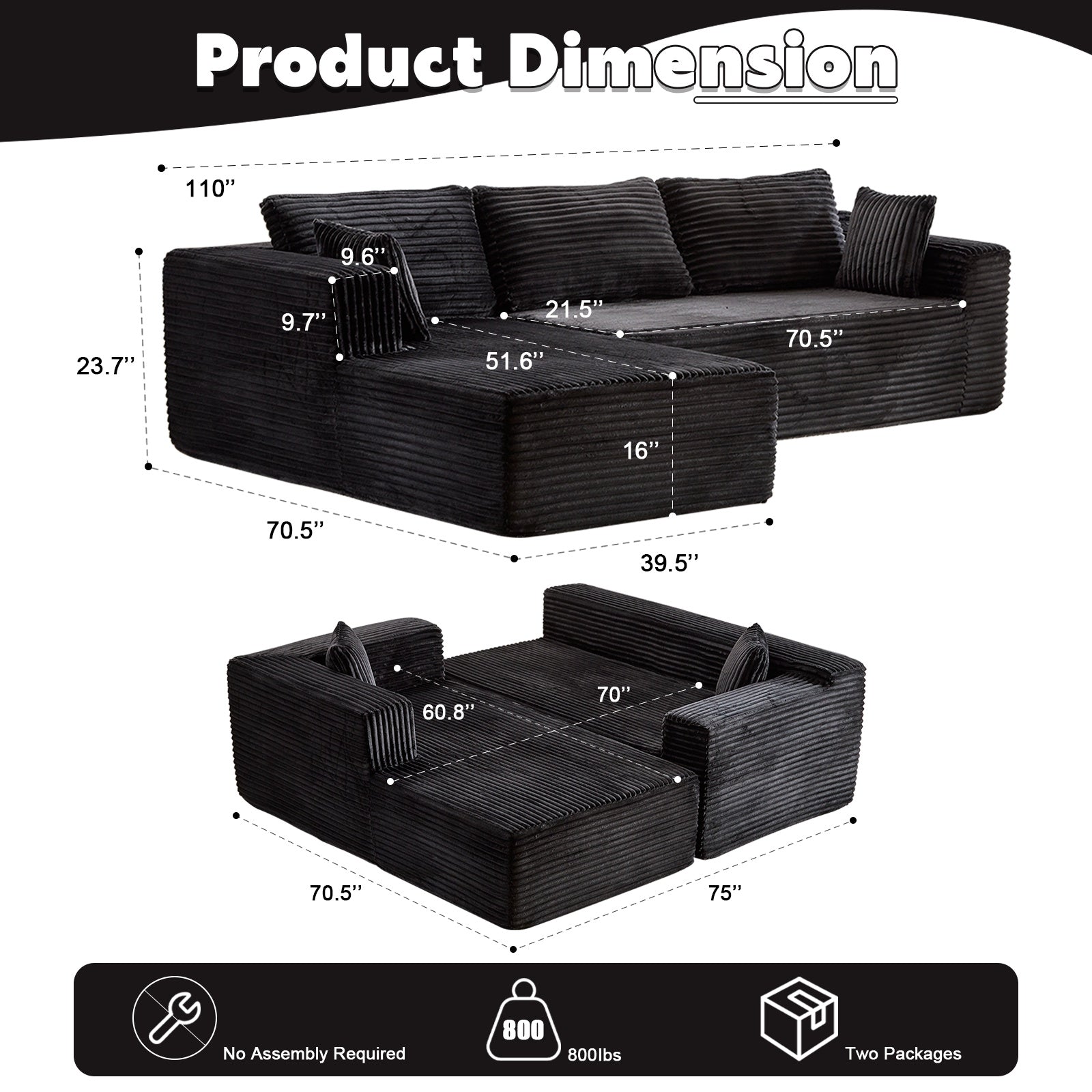 Black Corduroy Modular Sectional – Deep Seat L-Shaped Sleeper with Chaise - FAIFCO