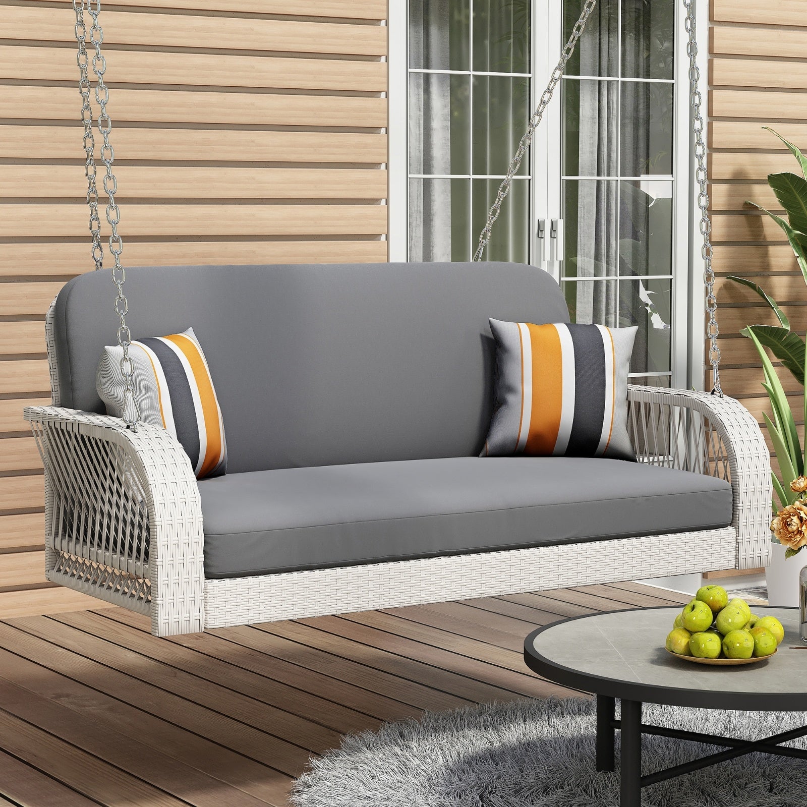 2-Seater Wicker Porch Swing with Hanging Chains - FAIFCO