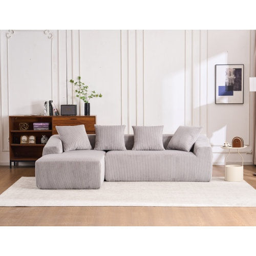 White Corduroy Compression Sofa 3-Seater with Chaise & Pillows - FAIFCO