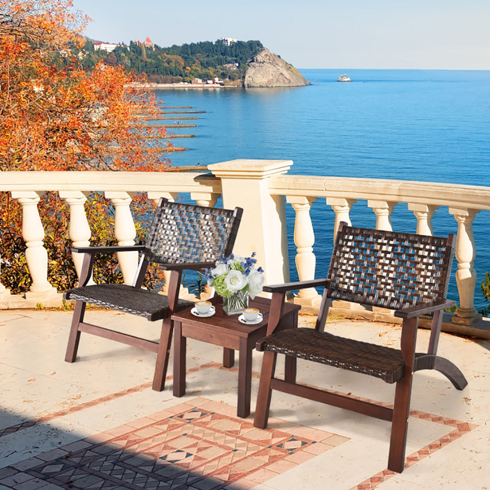 3 Pieces Outdoor Wooden Patio Rattan Furniture Set - FAIFCO