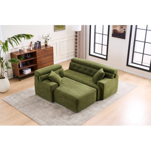 White Wood-Grain Chenille Sofa – Sectional with Chaise & Pillows - FAIFCO