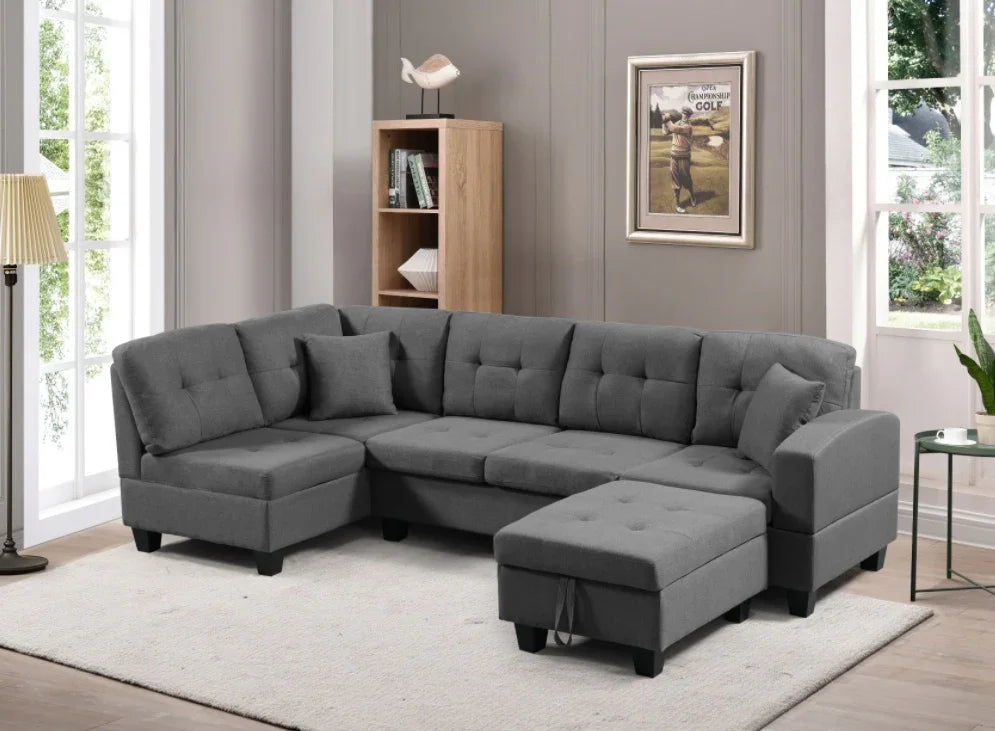 FAIF™ Left Fabric Sofa with Ottoman – Modern Grey Sofa with Cushioned Comfort and Versatile Design