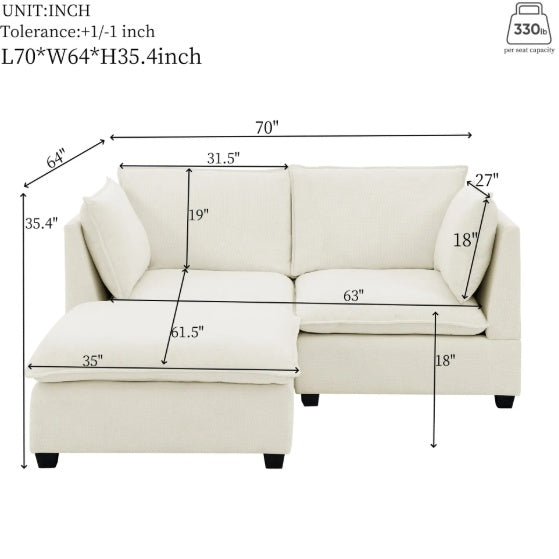 Comfy Cloud Couch Loveseat With Ottoman, Modern Chenille Love Seat Upholstered Modular Couch