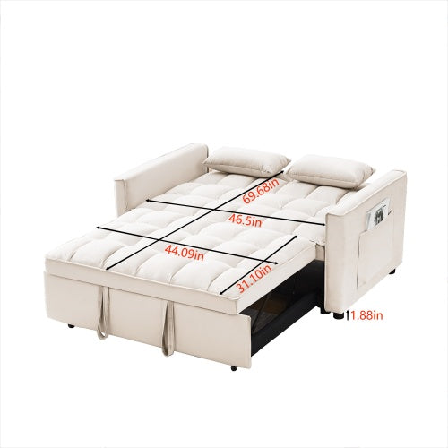 Velvet Loveseat Sleeper Sofa – 3-in-1 Pull-Out Futon, Creamy White