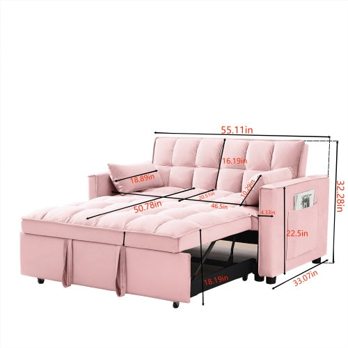 Modern Velvet Loveseat Futon Sofa Bed – 3-in-1 Convertible Couch with Pullout Bed & Pillows