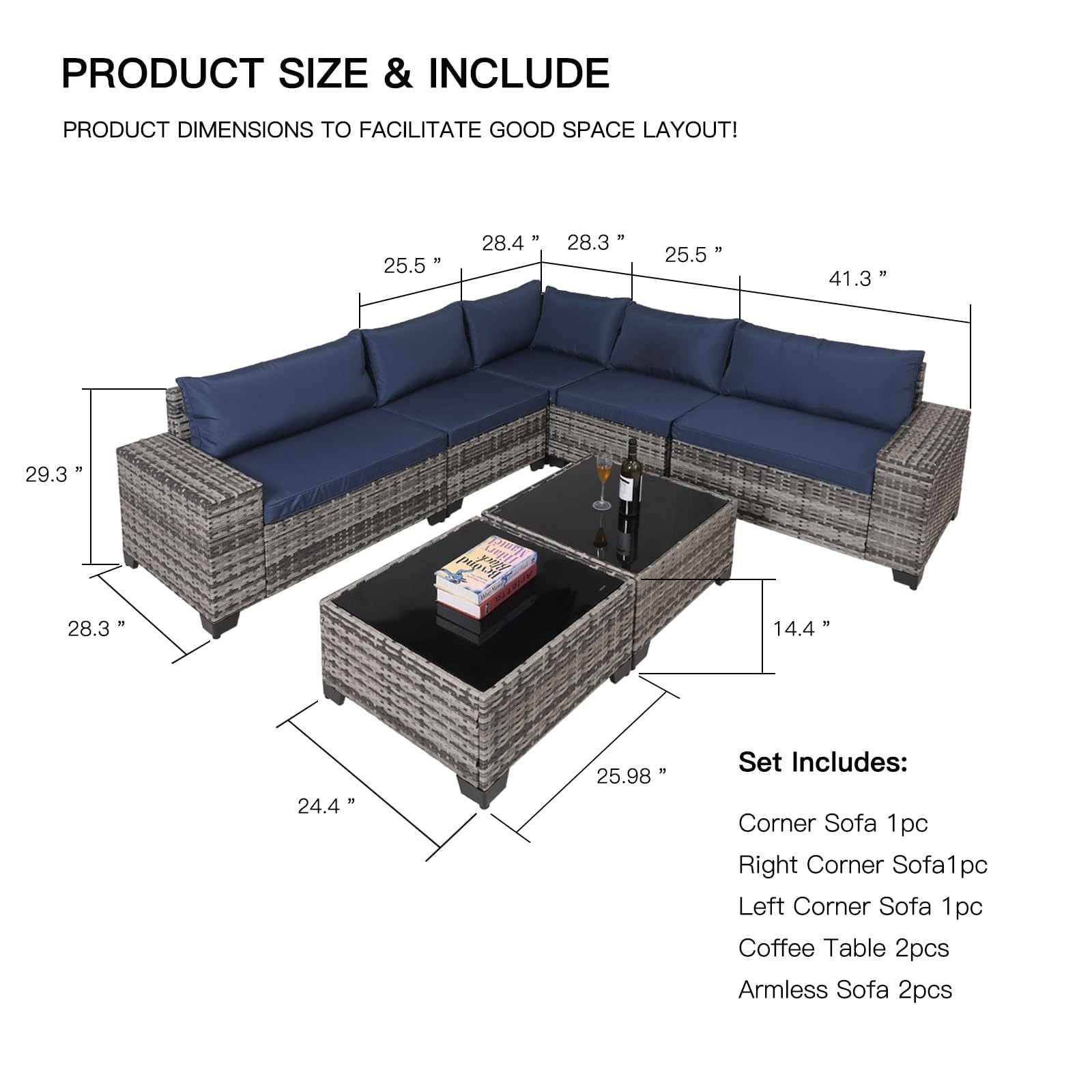 7-Piece Wicker Patio Sofa Set with 2 Glass Tables & Cushions