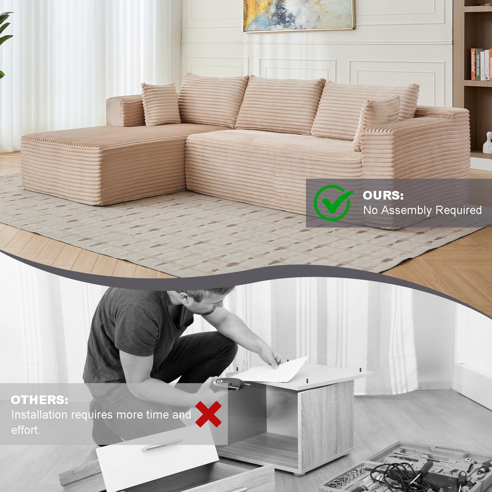 Corduroy L-Shaped Sleeper Sofa – Convertible Floor Futon with Back Pillows