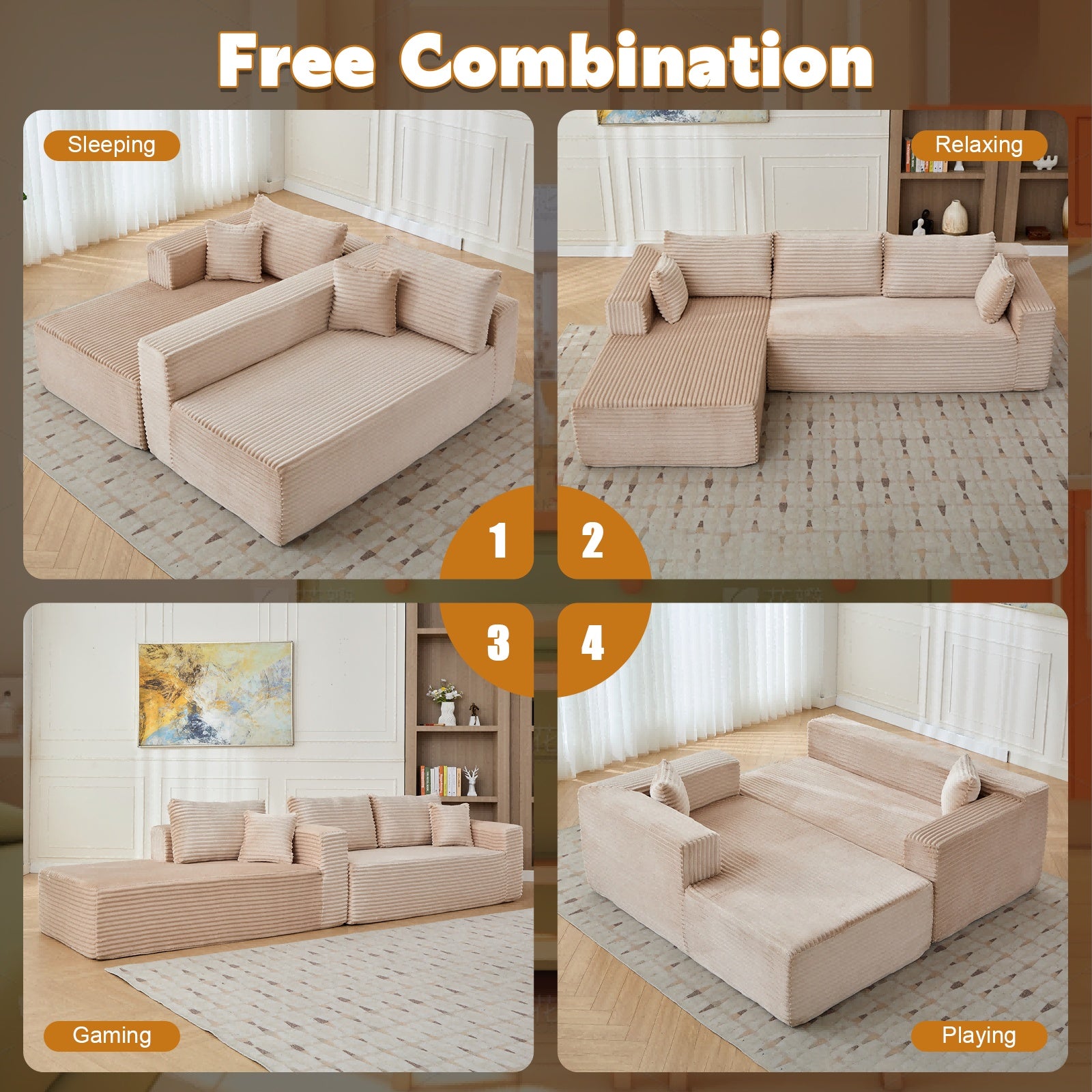 Corduroy L-Shaped Sleeper Sofa – Convertible Floor Futon with Back Pillows
