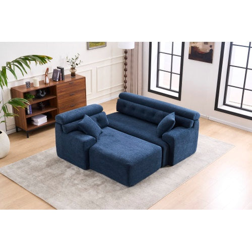 White Wood-Grain Chenille Sofa – Sectional with Chaise & Pillows