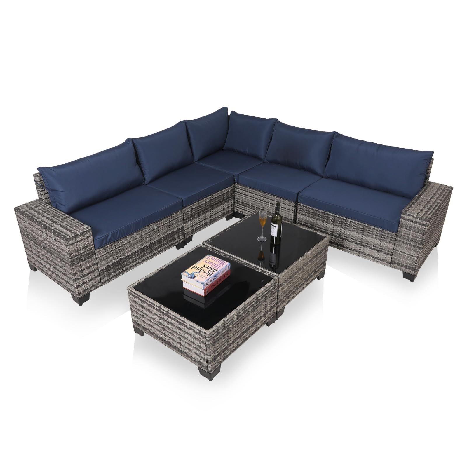 7-Piece Wicker Patio Sofa Set with 2 Glass Tables & Cushions