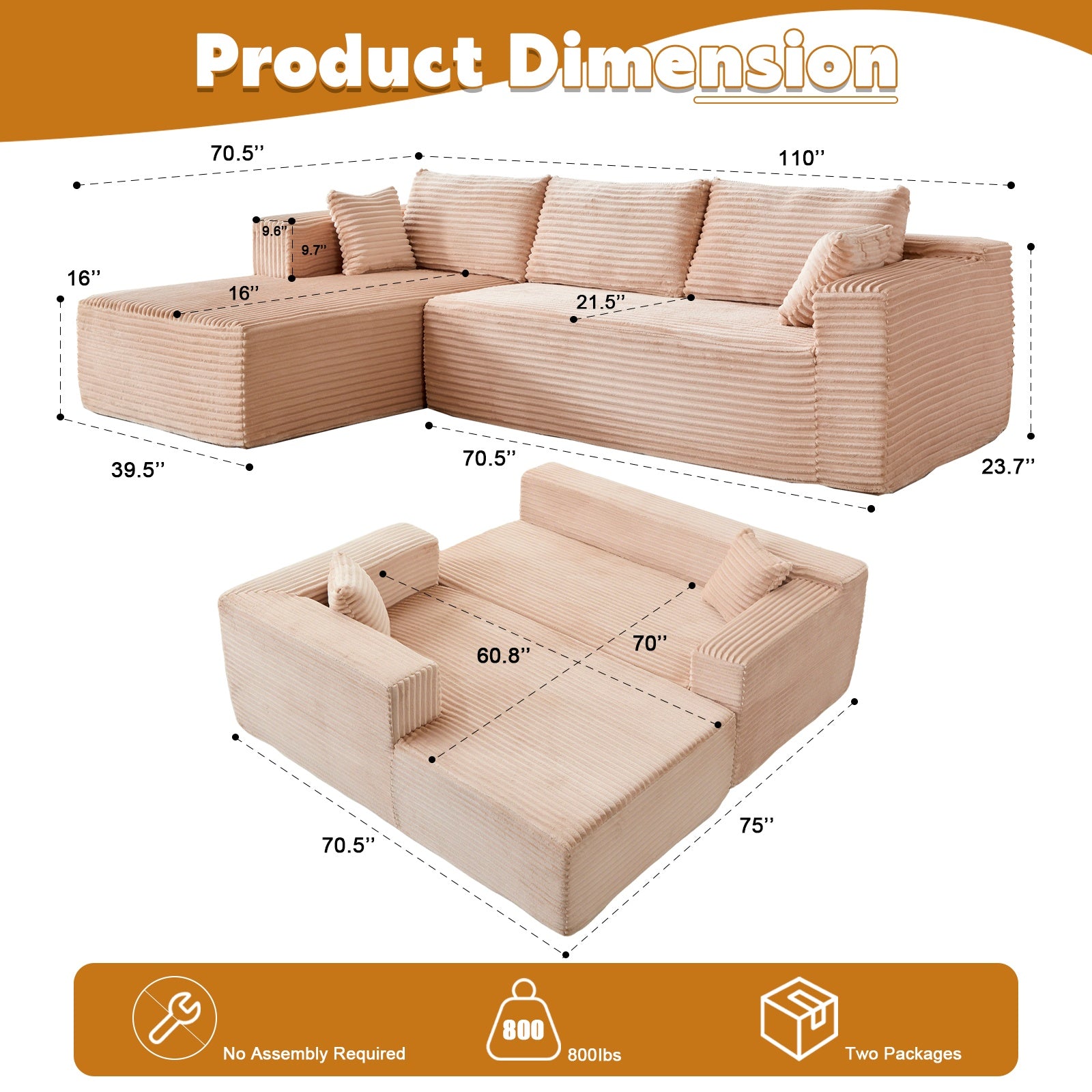 Corduroy L-Shaped Sleeper Sofa – Convertible Floor Futon with Back Pillows