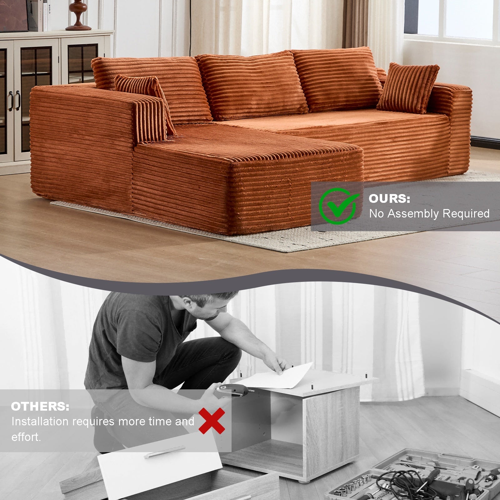 Brown Corduroy Modular Sectional – Deep Seat L-Shaped Sleeper with Chaise