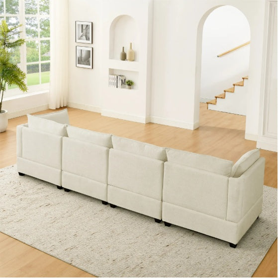 Beige Cloud Sectional Sofa – 4-Seater with Ottoman & Padded Armrests