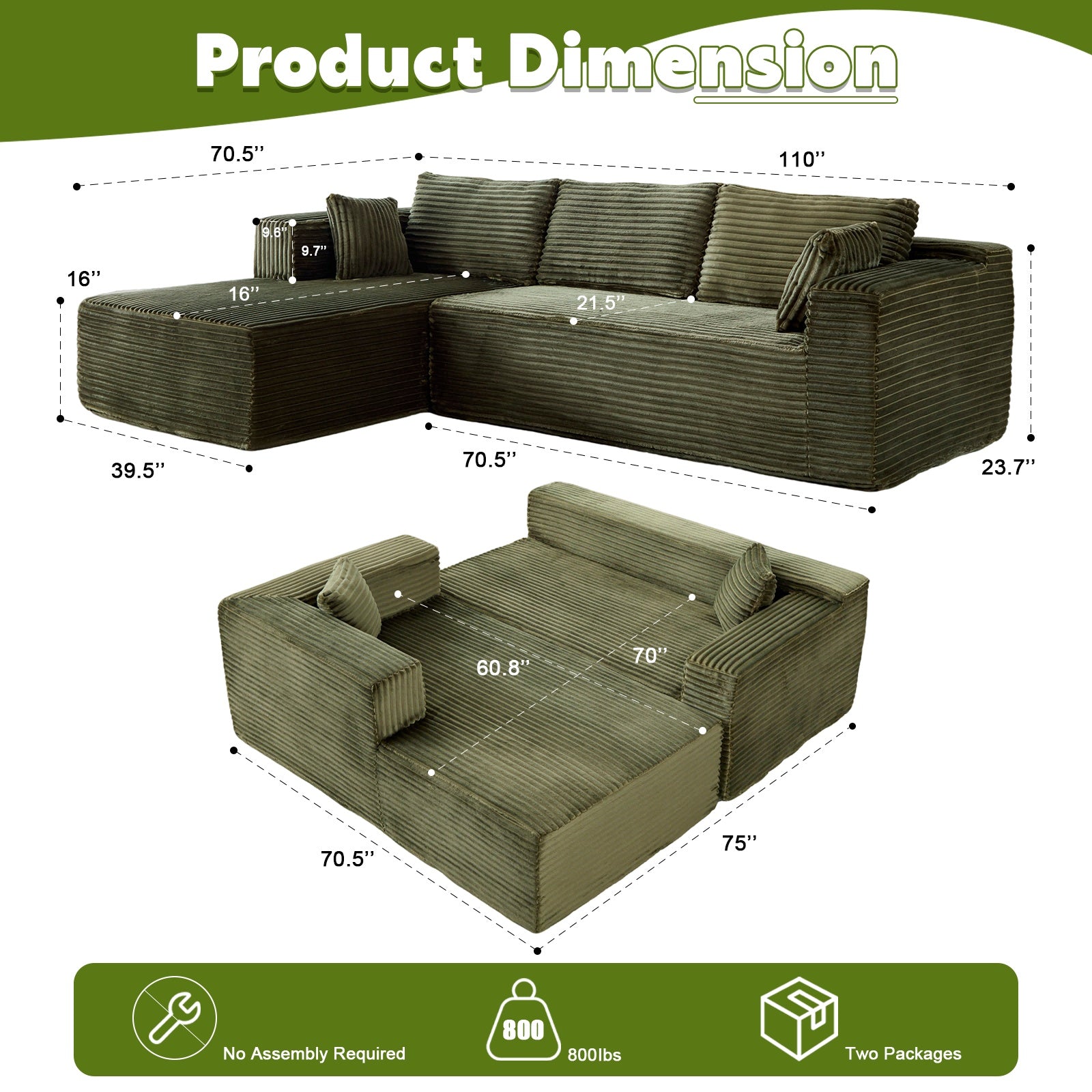 Corduroy L-Shaped Convertible Sofa Bed – Foldable Floor Sleeper for Small Spaces