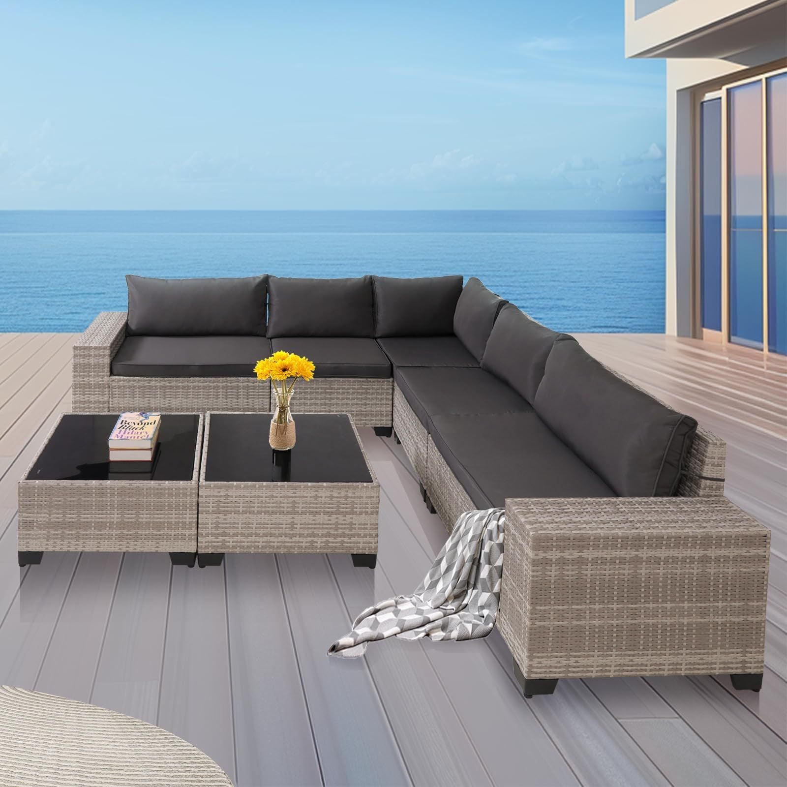 7-Piece Wicker Patio Sofa Set with 2 Glass Tables & Cushions
