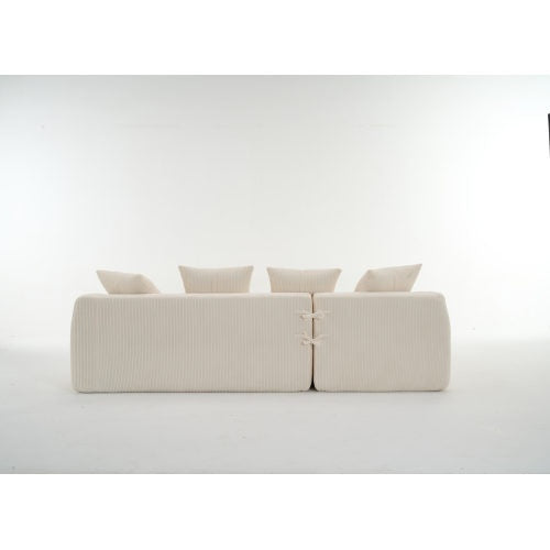 White Corduroy Compression Sofa 3-Seater with Chaise & Pillows